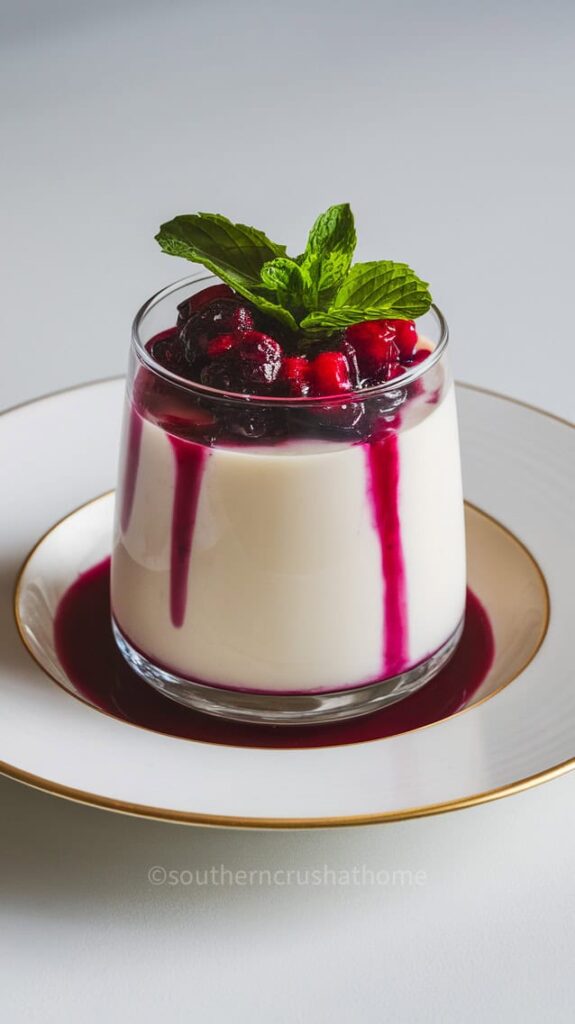 A glass of panna cotta topped with berry compote and a mint leaf.