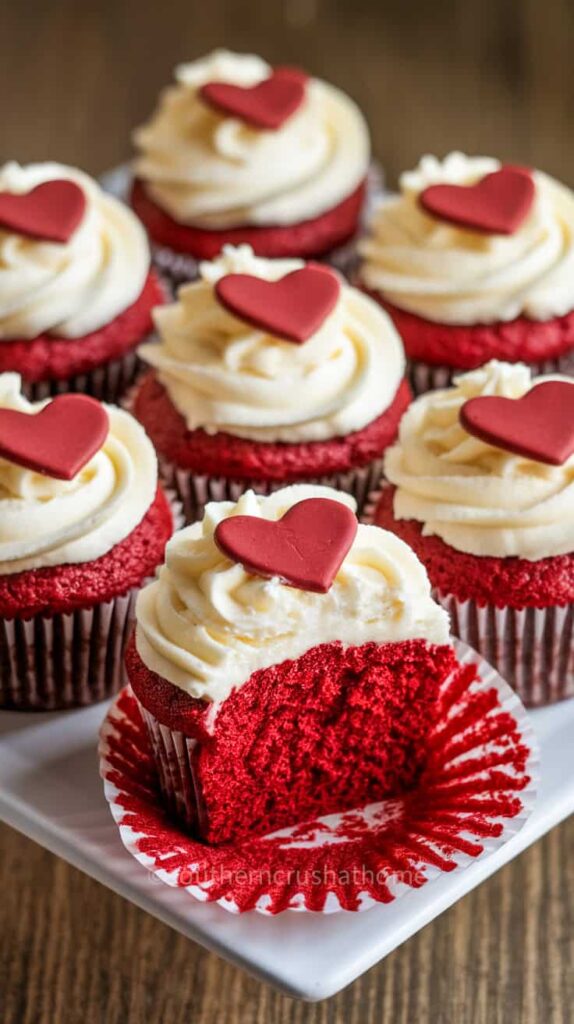 Red velvet cupcakes with cream cheese frosting and heart decorations