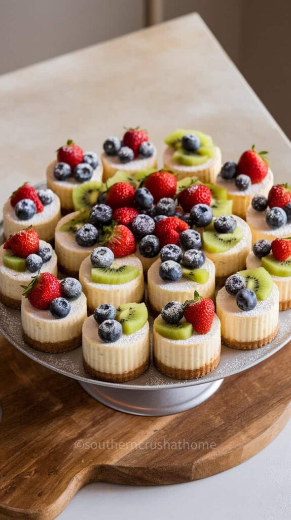 Mini cheesecakes topped with fresh strawberries, blueberries, and kiwi on a decorative platter.