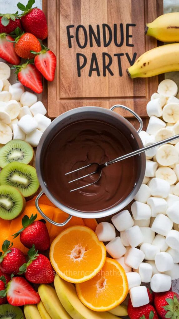 Molten chocolate fondue served with a variety of fresh fruits and marshmallows.