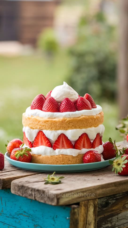 A beautiful strawberry shortcake topped with fresh strawberries and whipped cream, set outdoors on a rustic wooden table.