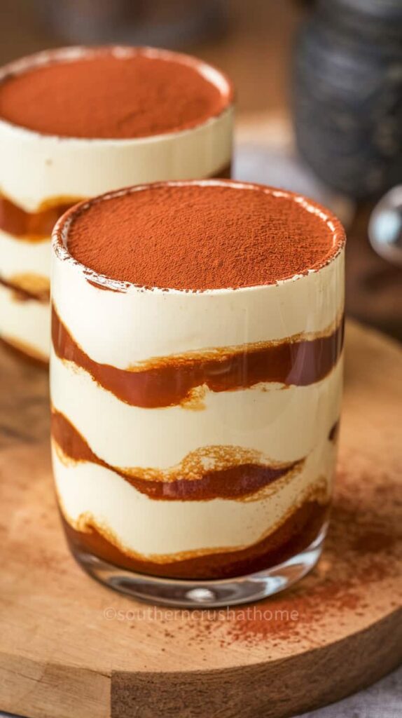 A layered tiramisu dessert in a glass, topped with cocoa powder.