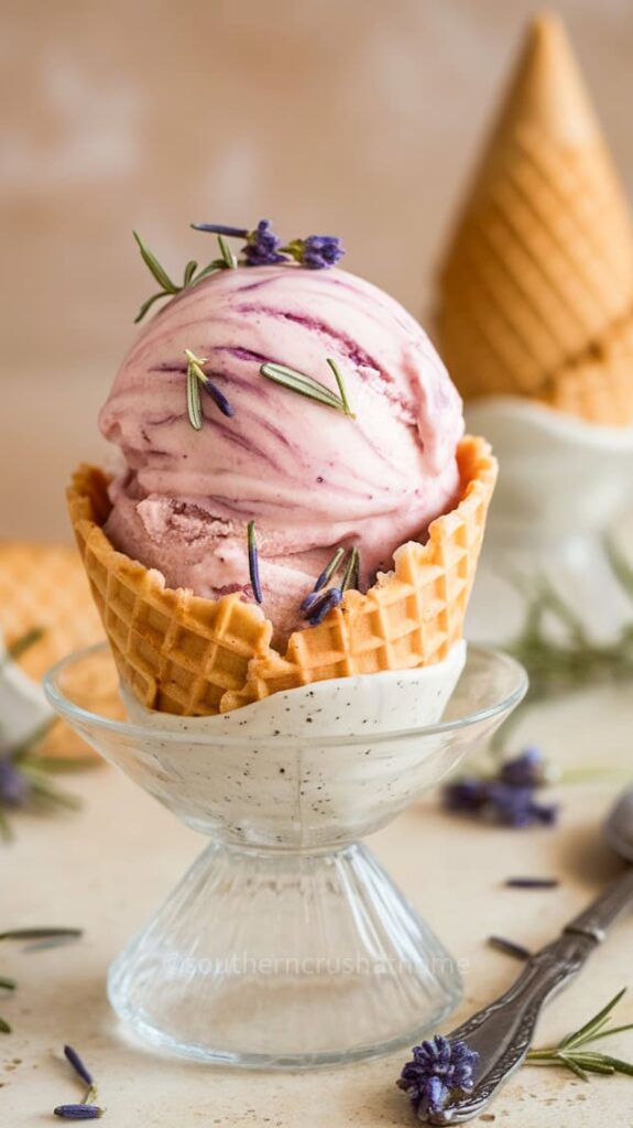 Lavender Honey Ice Cream in a waffle cone with decorative lavender sprigs