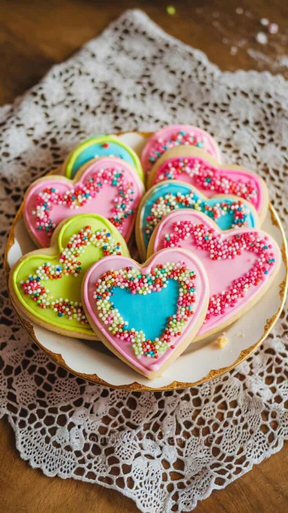 Decorative heart-shaped sugar cookies with colorful icing and sprinkles