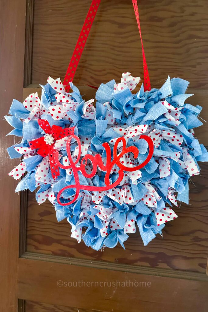 finished rag wreath with fabric scraps