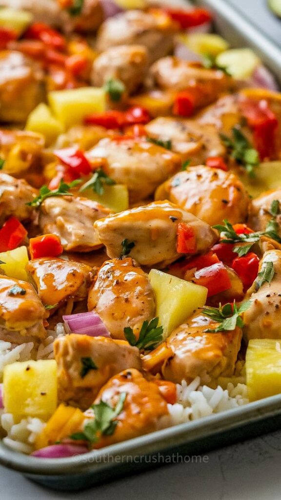 A colorful Hawaiian chicken sheet pan with chicken thighs, bell peppers, and pineapple.