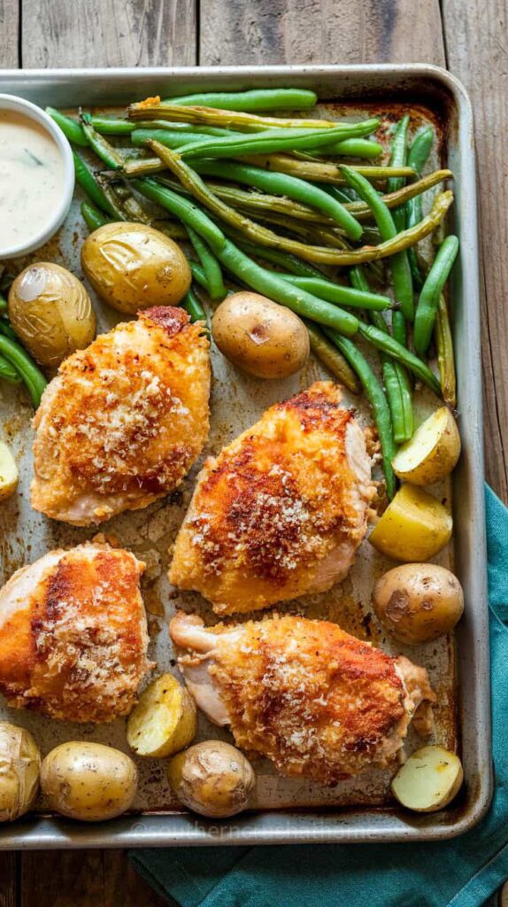 Parmesan crusted chicken thighs with green beans and baby potatoes on a sheet pan.