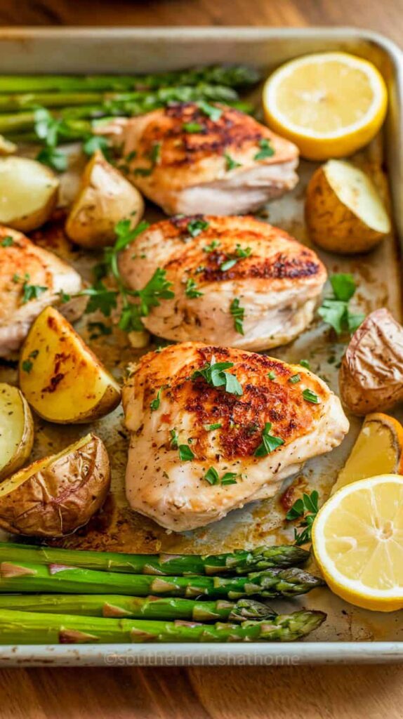 Delicious lemon garlic chicken with potatoes and asparagus on a sheet pan.