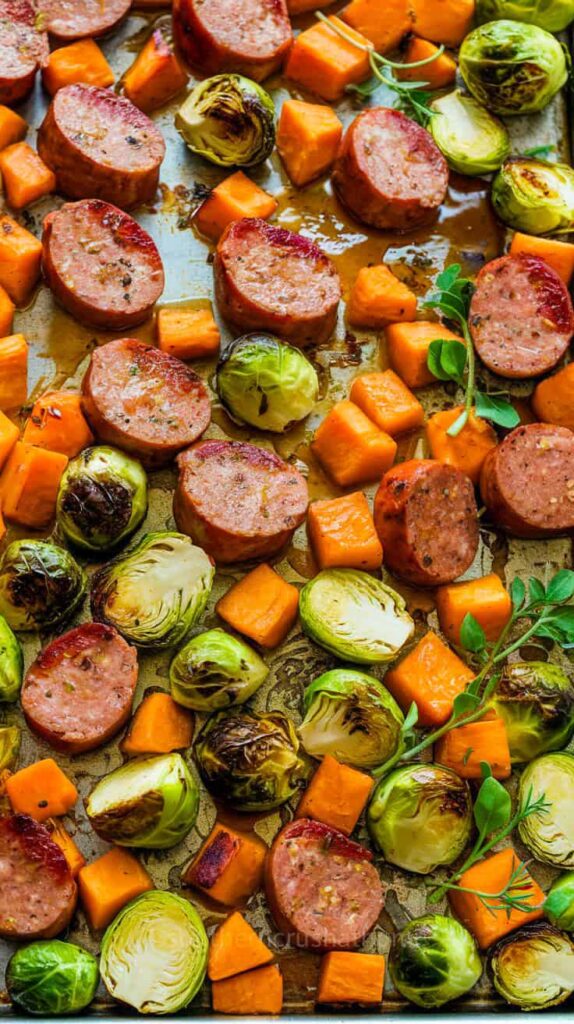 Sausage and sweet potatoes with honey garlic sauce dish.